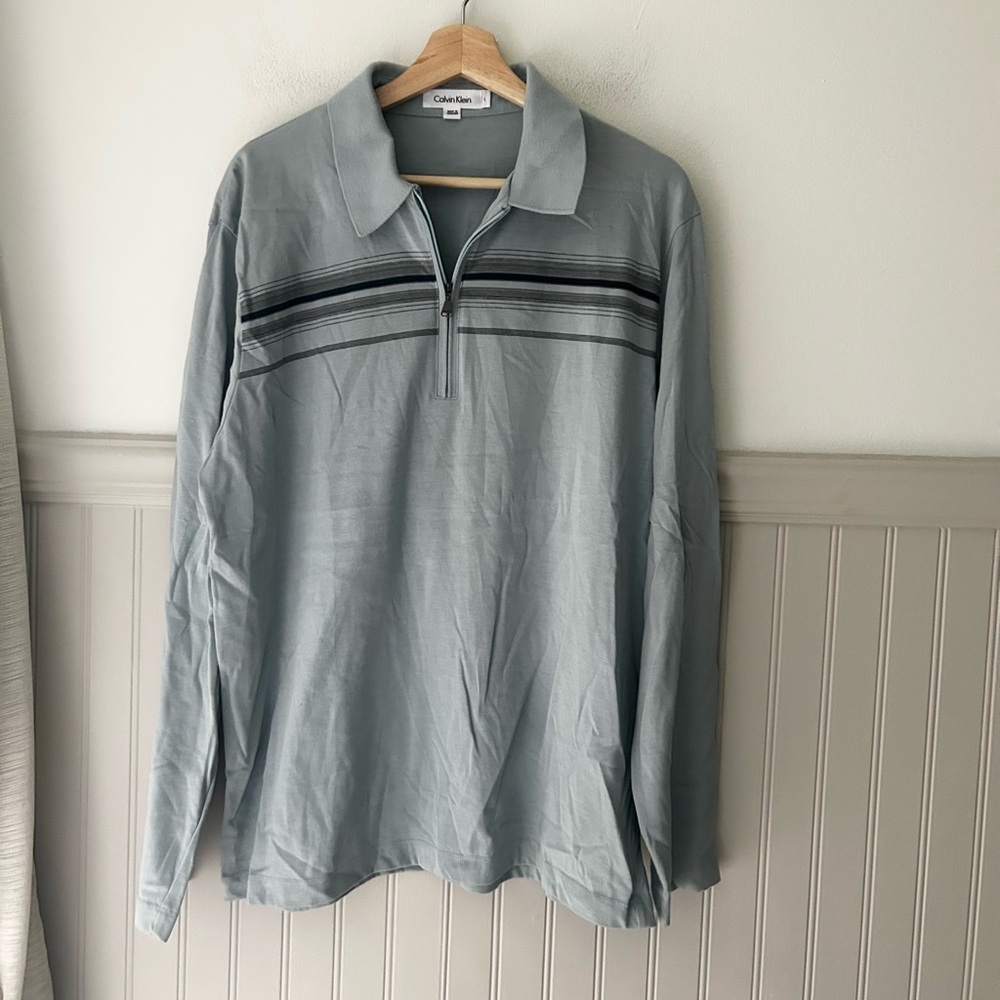 Calvin Klein Men’s Large Light Blue Cotton Polo Long Sleeve Quarter-Zip Shirt